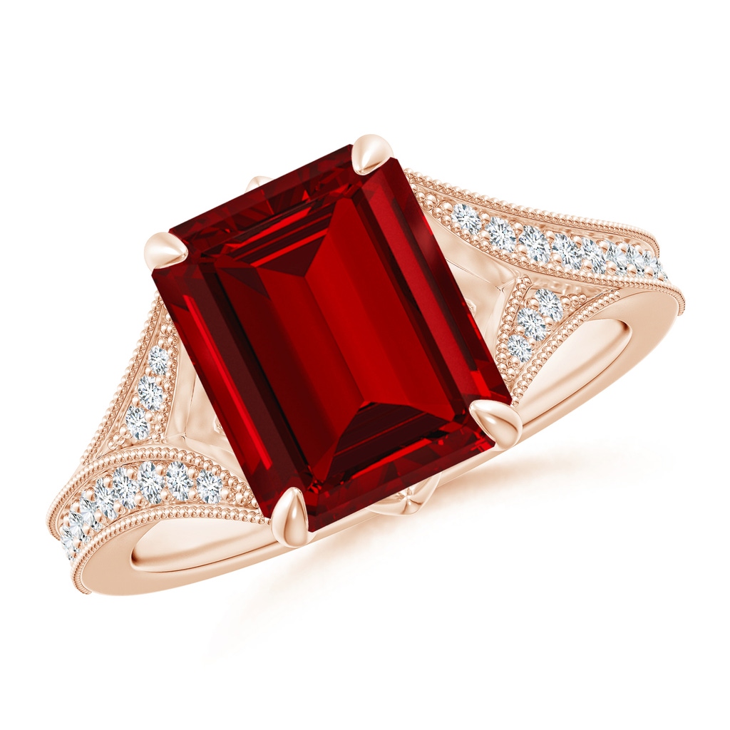 10x8mm Labgrown Lab-Grown Vintage Inspired Emerald-Cut Ruby Split Shank Engagement Ring in Rose Gold