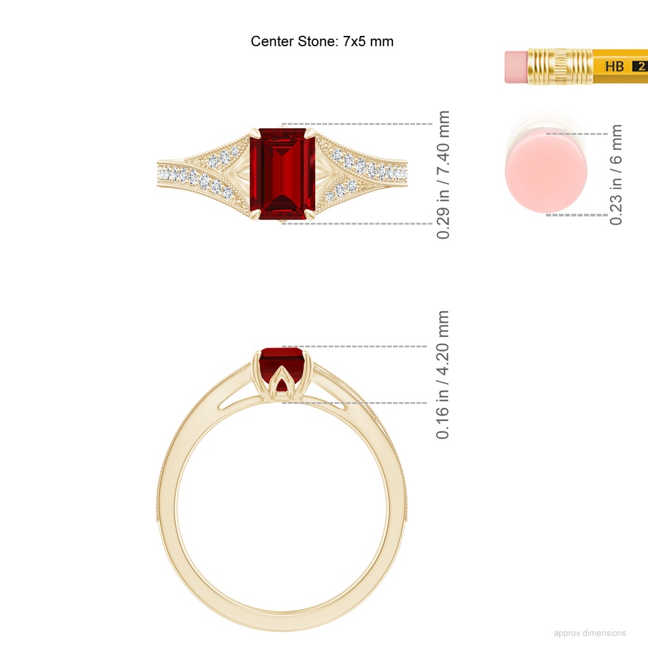 7x5mm Labgrown Lab-Grown Vintage Inspired Emerald-Cut Ruby Split Shank Engagement Ring in 9K Yellow Gold ruler