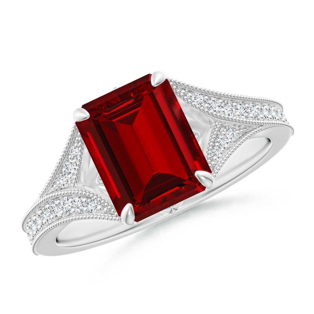 9x7mm Labgrown Lab-Grown Vintage Inspired Emerald-Cut Ruby Split Shank Engagement Ring in White Gold