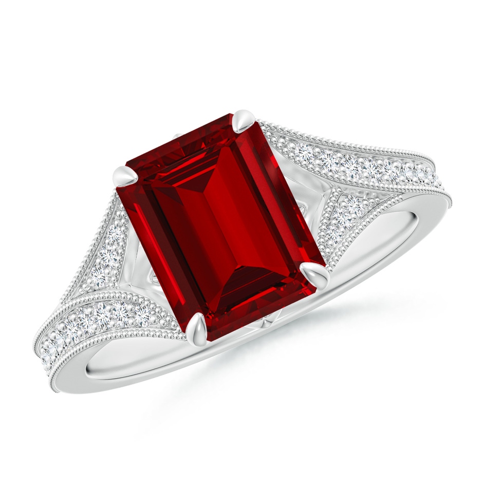 9x7mm Labgrown Lab-Grown Vintage Inspired Emerald-Cut Ruby Split Shank Engagement Ring in White Gold 