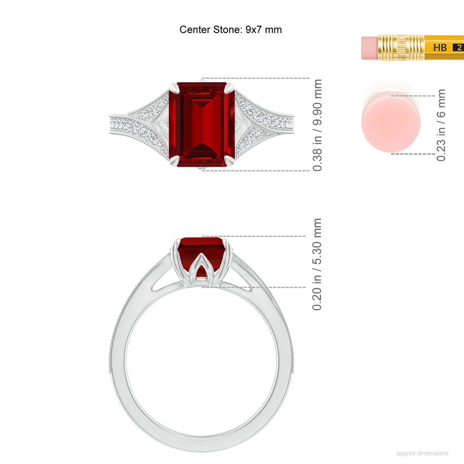 9x7mm Labgrown Lab-Grown Vintage Inspired Emerald-Cut Ruby Split Shank Engagement Ring in White Gold ruler