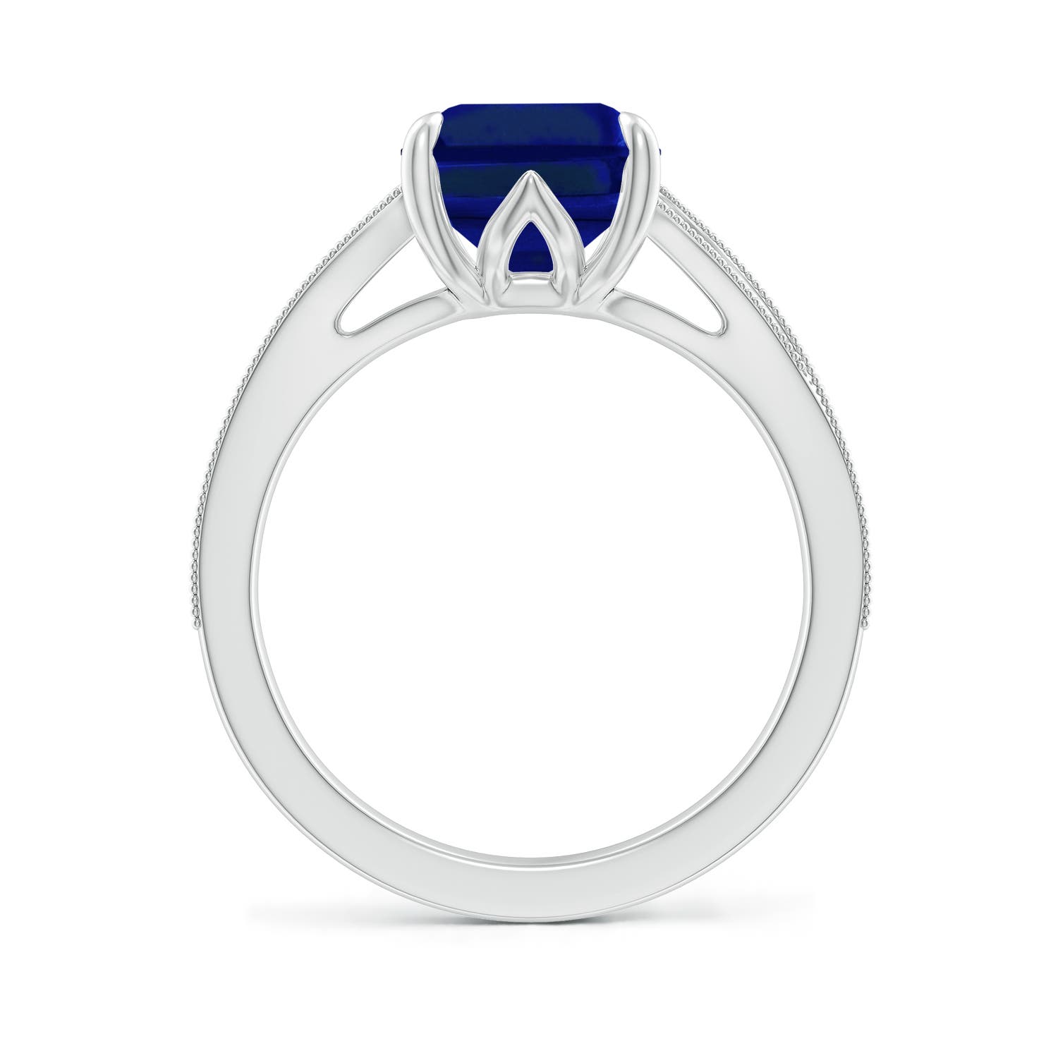 10x8mm Labgrown Lab-Grown Vintage Inspired Emerald-Cut Blue Sapphire Split Shank Engagement Ring in 18K White Gold
