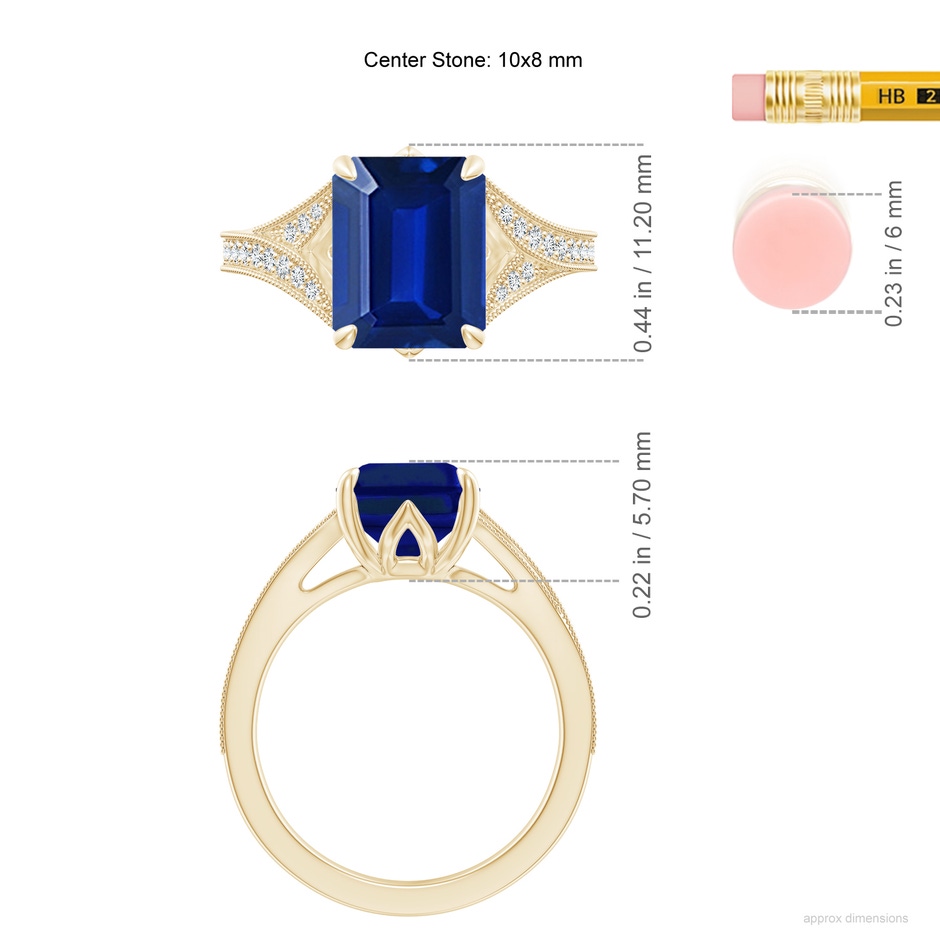 10x8mm Labgrown Lab-Grown Vintage Inspired Emerald-Cut Blue Sapphire Split Shank Engagement Ring in 18K Yellow Gold ruler
