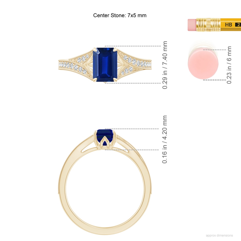 7x5mm Labgrown Lab-Grown Vintage Inspired Emerald-Cut Blue Sapphire Split Shank Engagement Ring in Yellow Gold ruler