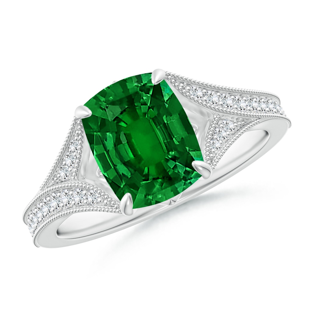 9x7mm Labgrown Lab-Grown Vintage Inspired Cushion Rectangular Emerald Split Shank Engagement Ring in White Gold