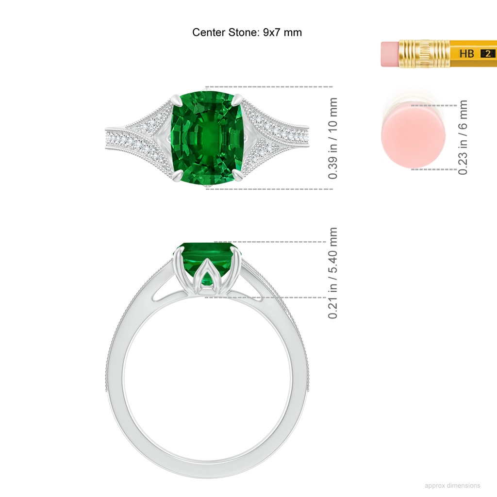 9x7mm Labgrown Lab-Grown Vintage Inspired Cushion Rectangular Emerald Split Shank Engagement Ring in White Gold ruler