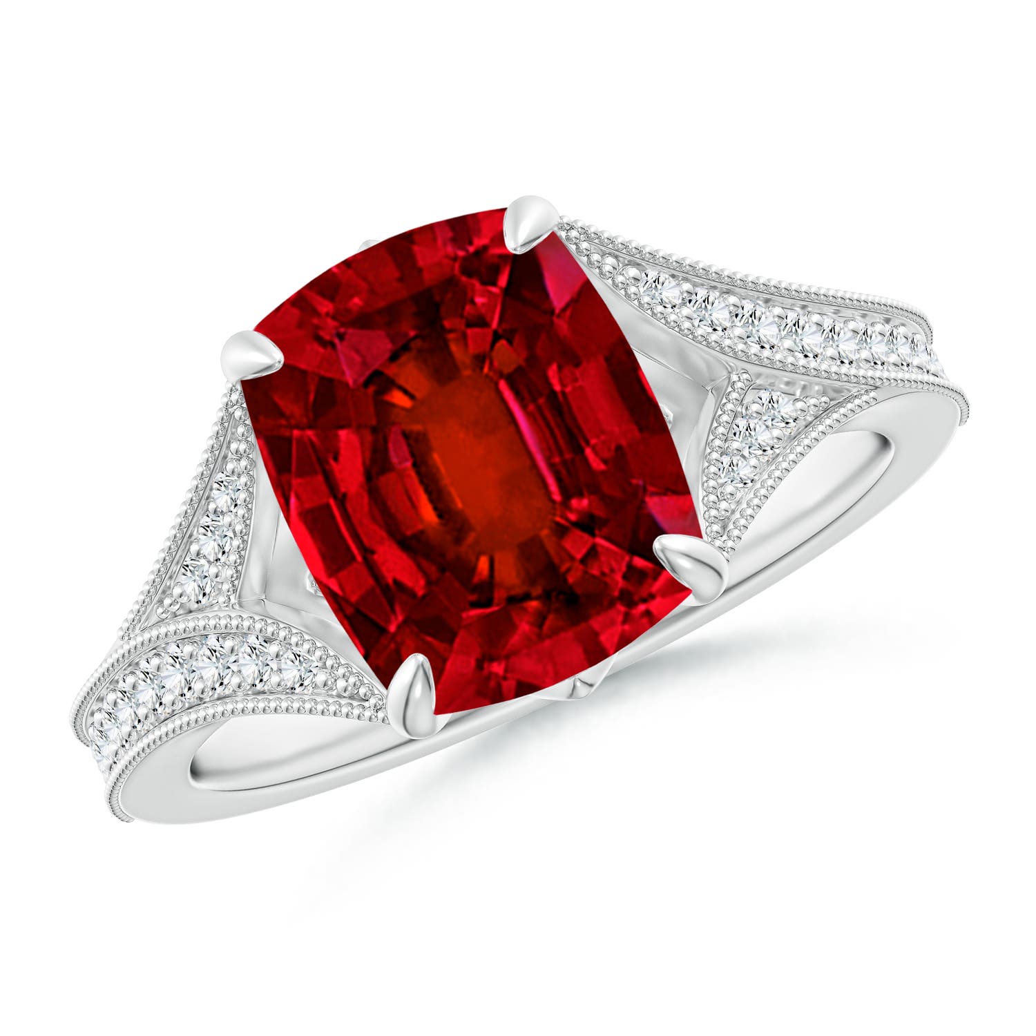 10x8mm Labgrown Lab-Grown Vintage Inspired Cushion Rectangular Ruby Split Shank Engagement Ring in 18K White Gold