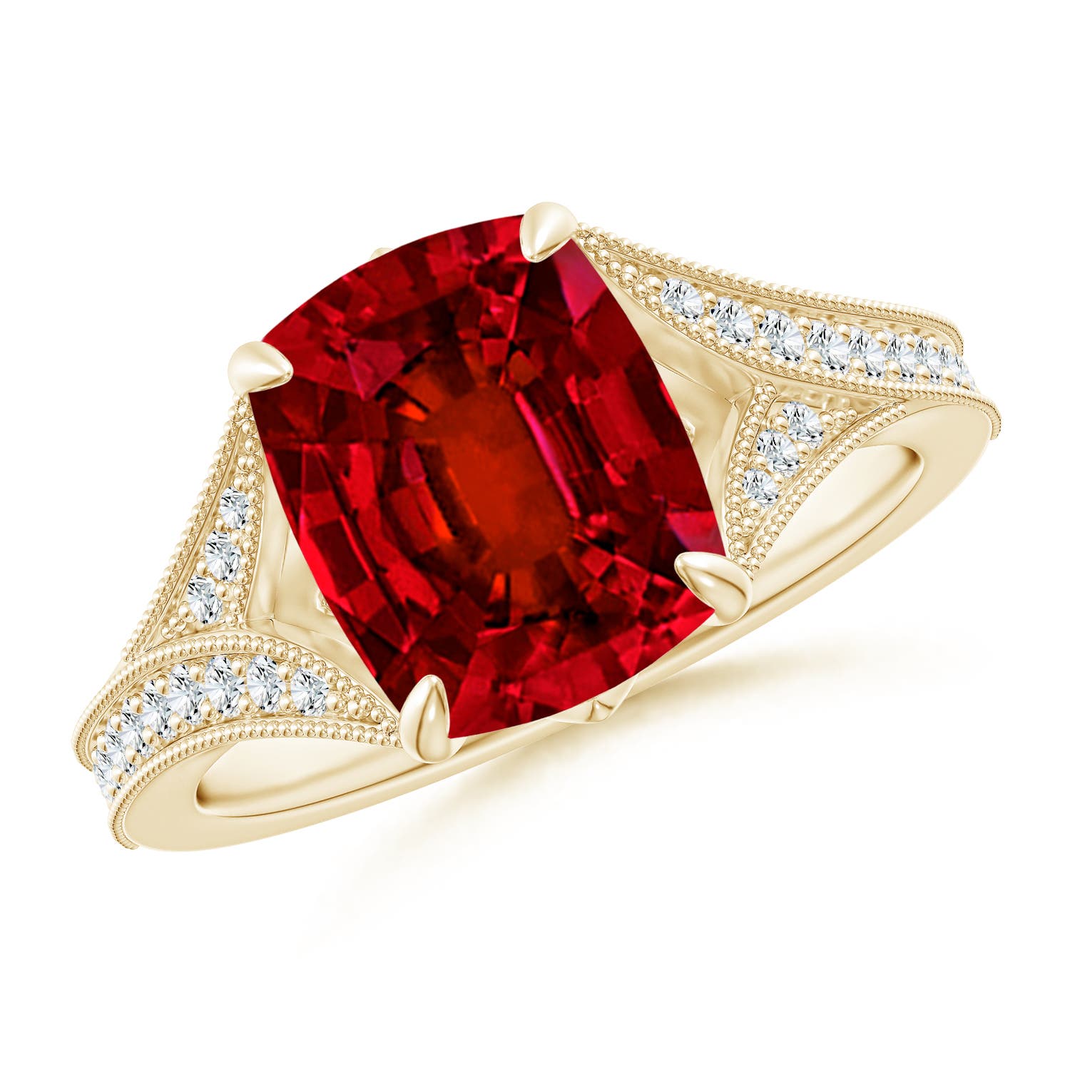 10x8mm Labgrown Lab-Grown Vintage Inspired Cushion Rectangular Ruby Split Shank Engagement Ring in 18K Yellow Gold