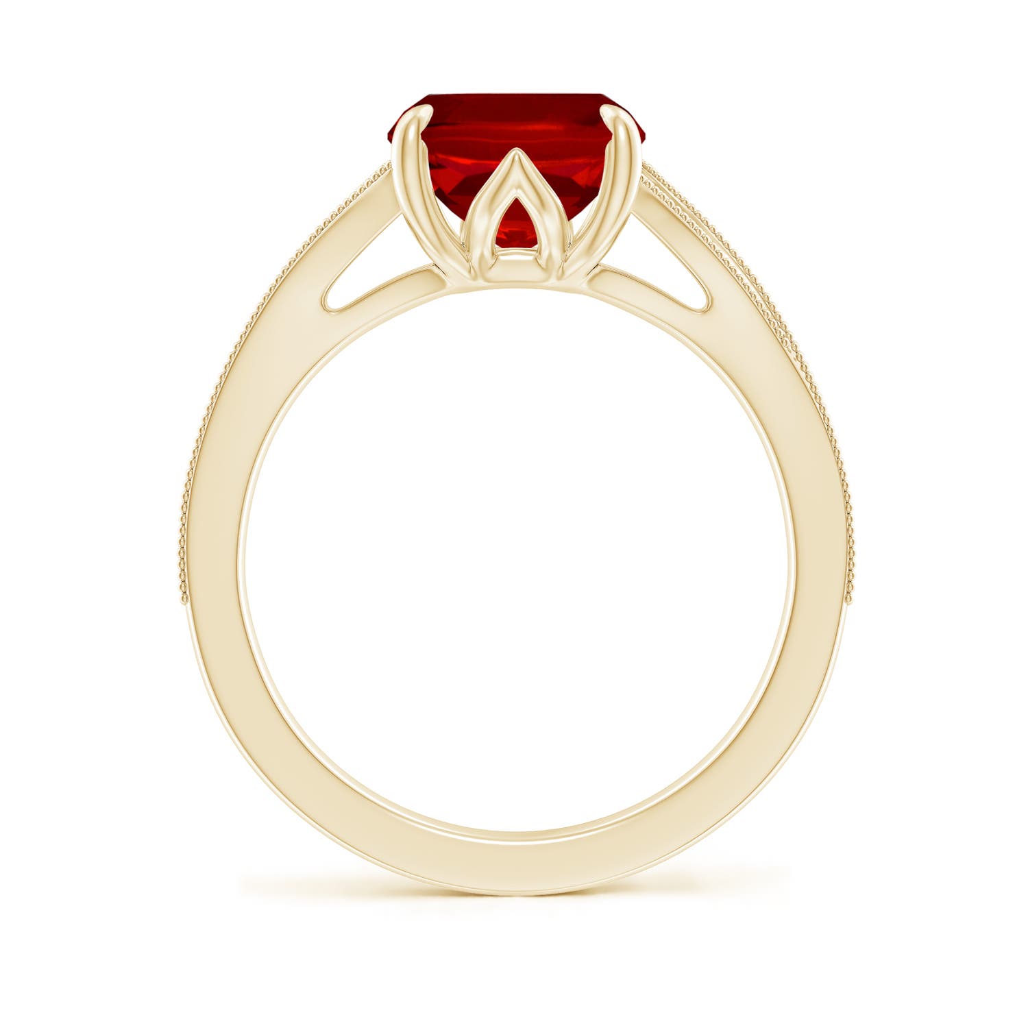 10x8mm Labgrown Lab-Grown Vintage Inspired Cushion Rectangular Ruby Split Shank Engagement Ring in 18K Yellow Gold