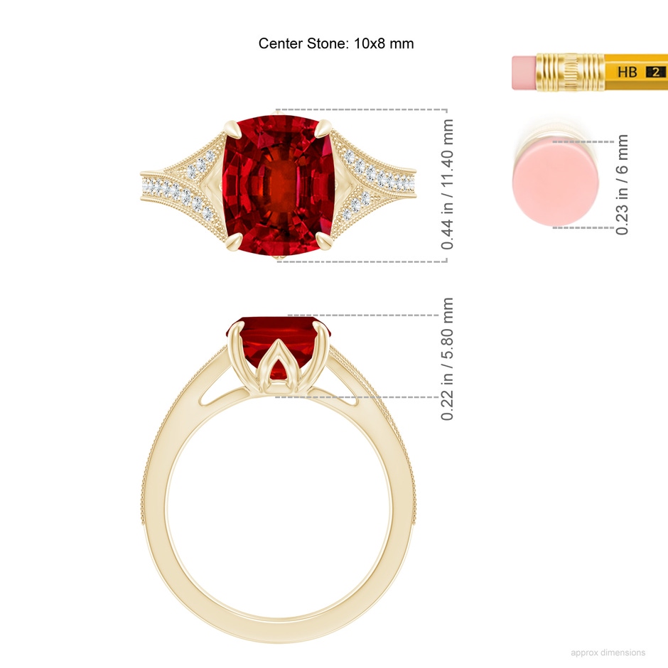 10x8mm Labgrown Lab-Grown Vintage Inspired Cushion Rectangular Ruby Split Shank Engagement Ring in Yellow Gold ruler