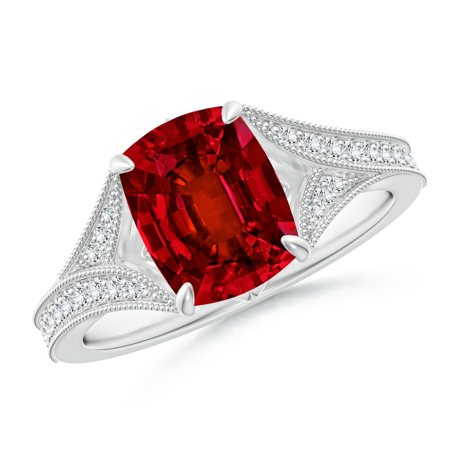 9x7mm Labgrown Lab-Grown Vintage Inspired Cushion Rectangular Ruby Split Shank Engagement Ring in 18K White Gold 