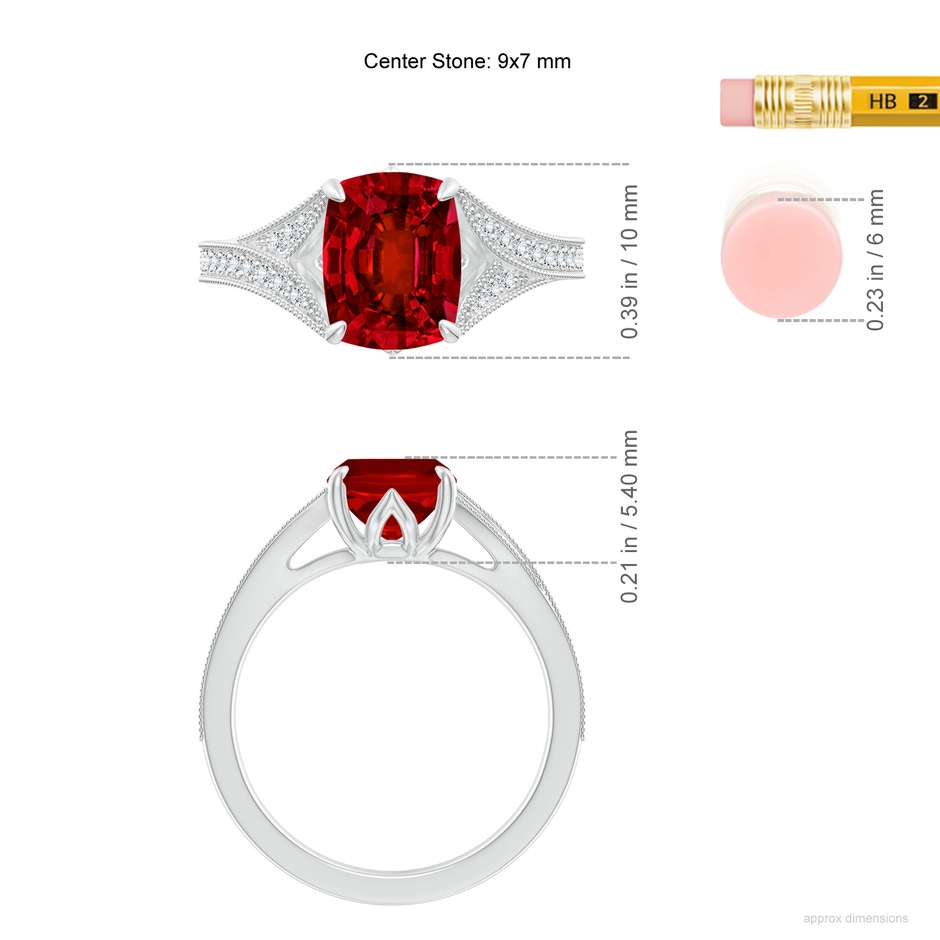 9x7mm Labgrown Lab-Grown Vintage Inspired Cushion Rectangular Ruby Split Shank Engagement Ring in 18K White Gold ruler