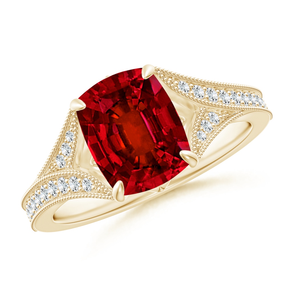 9x7mm Labgrown Lab-Grown Vintage Inspired Cushion Rectangular Ruby Split Shank Engagement Ring in Yellow Gold