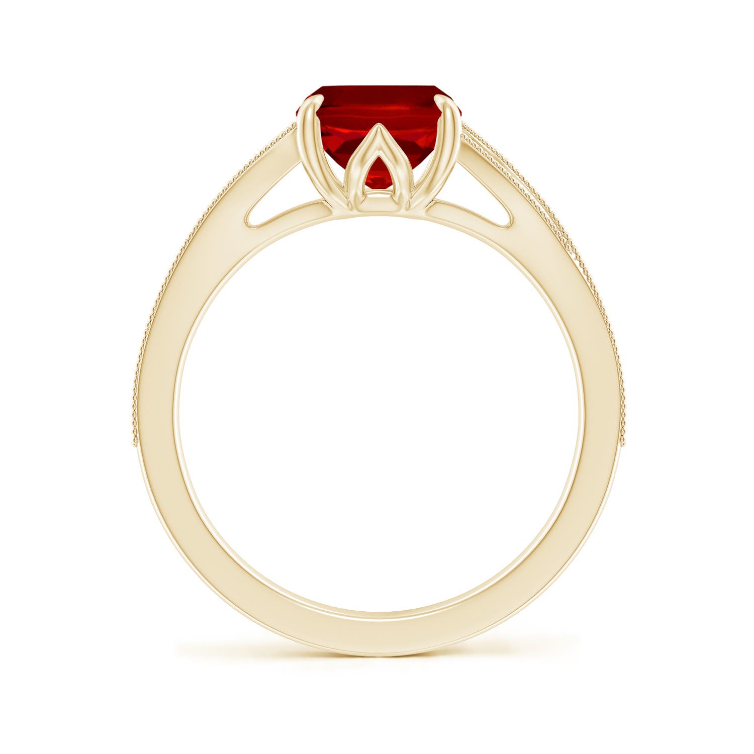9x7mm Labgrown Lab-Grown Vintage Inspired Cushion Rectangular Ruby Split Shank Engagement Ring in Yellow Gold - side 3