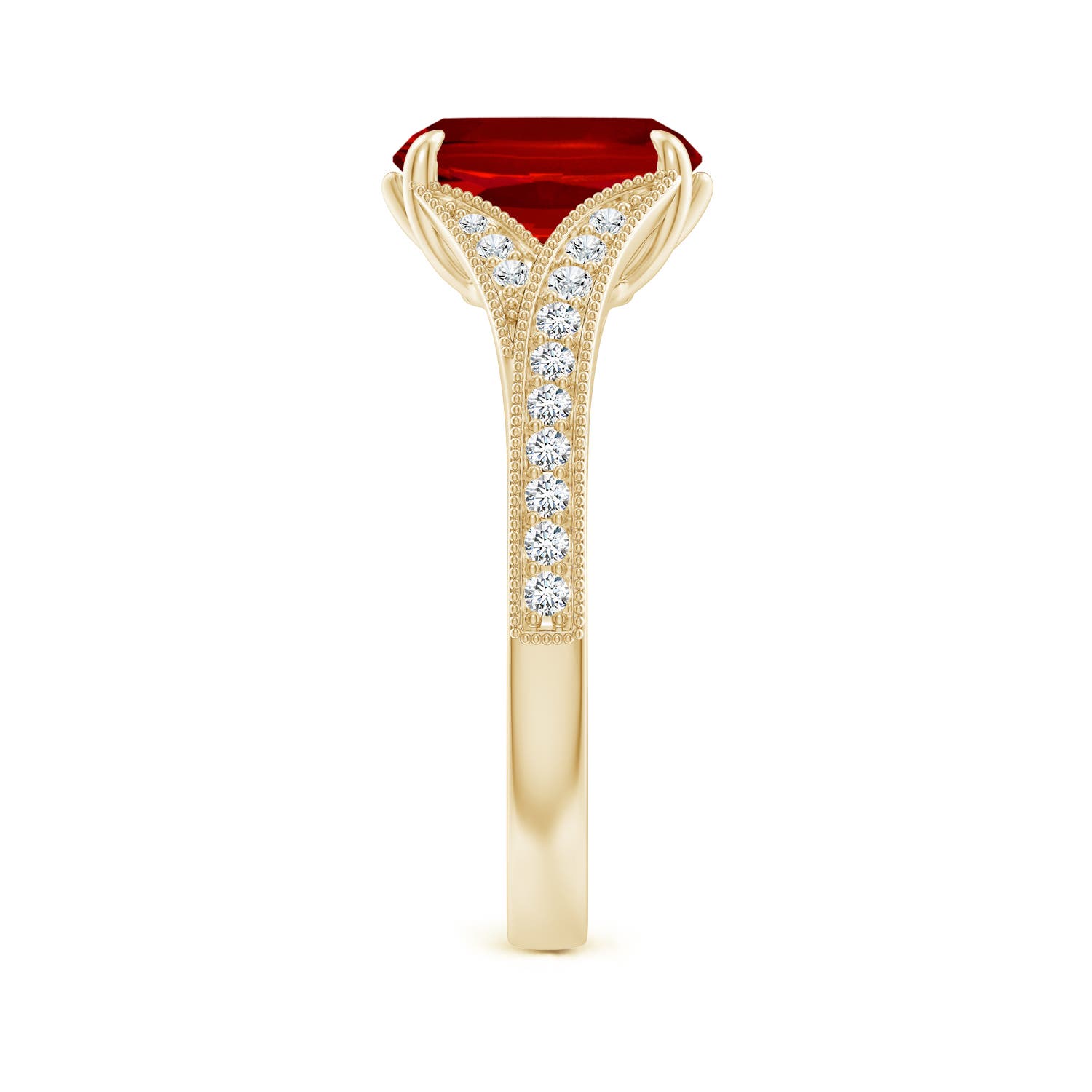 9x7mm Labgrown Lab-Grown Vintage Inspired Cushion Rectangular Ruby Split Shank Engagement Ring in Yellow Gold - side 4
