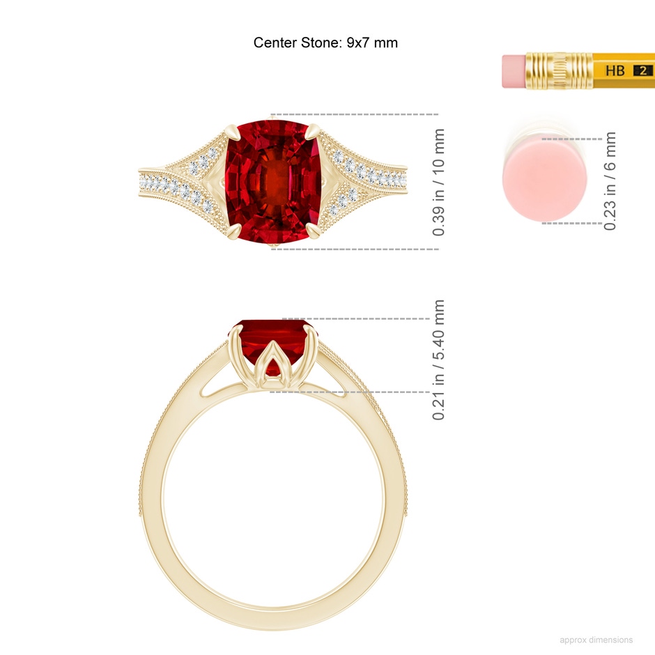 9x7mm Labgrown Lab-Grown Vintage Inspired Cushion Rectangular Ruby Split Shank Engagement Ring in Yellow Gold ruler