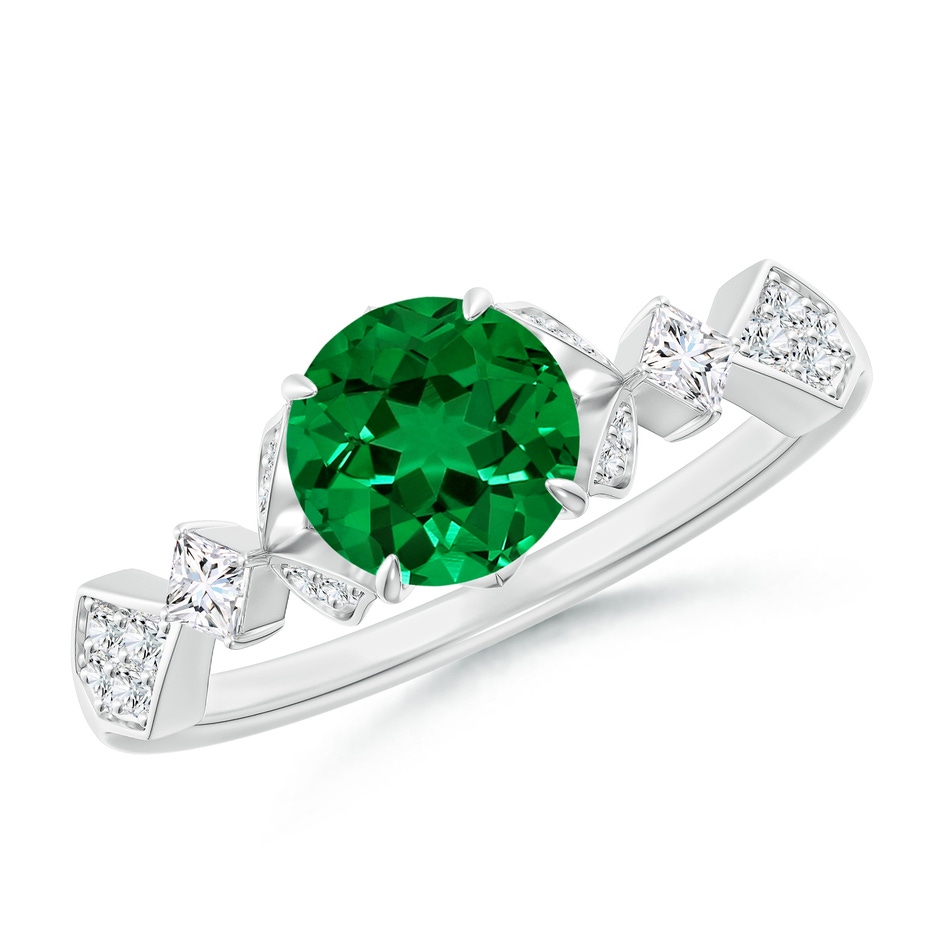 6.5mm Labgrown Lab-Grown Vintage Style Round Emerald Engagement Ring with Leaf Motifs in P950 Platinum 
