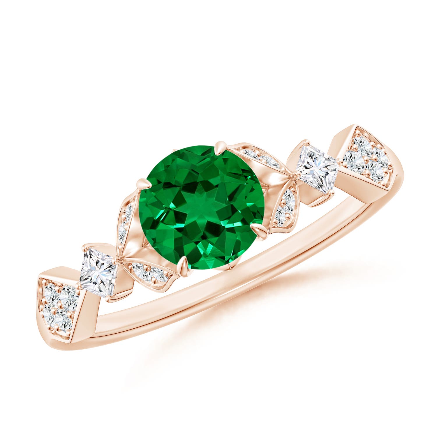 6mm Labgrown Lab-Grown Vintage Style Round Emerald Engagement Ring with Leaf Motifs in Rose Gold