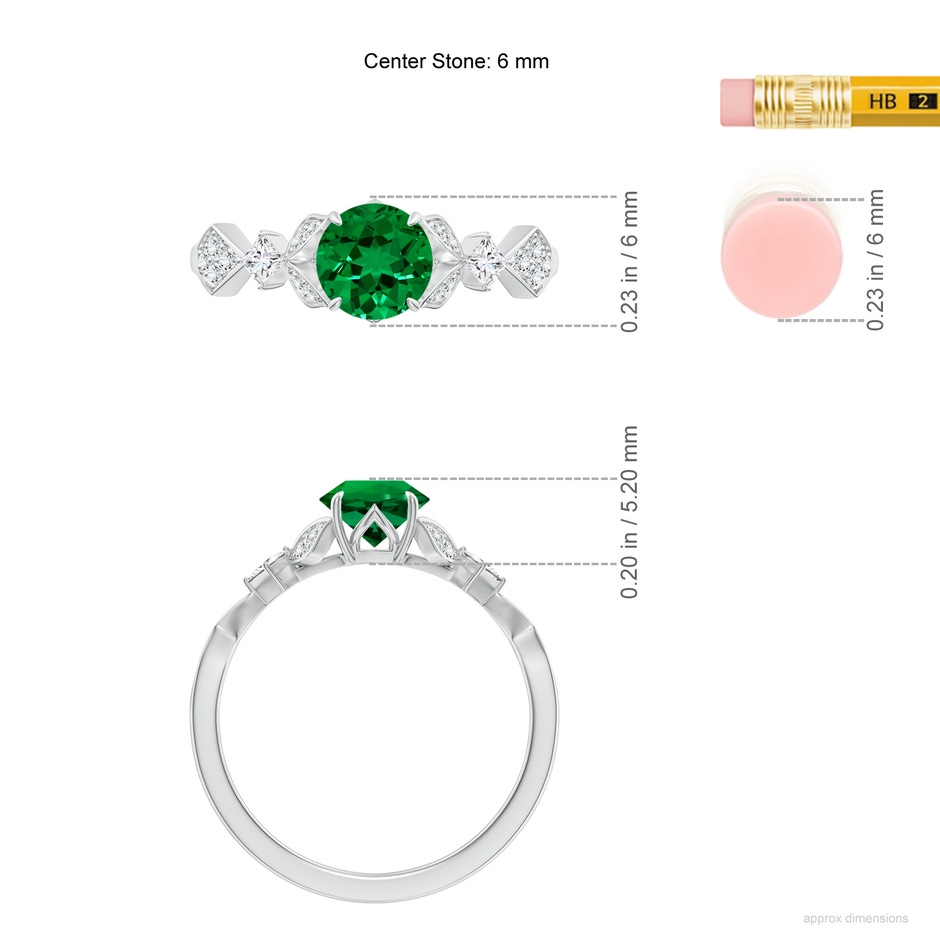 6mm Labgrown Lab-Grown Vintage Style Round Emerald Engagement Ring with Leaf Motifs in White Gold ruler