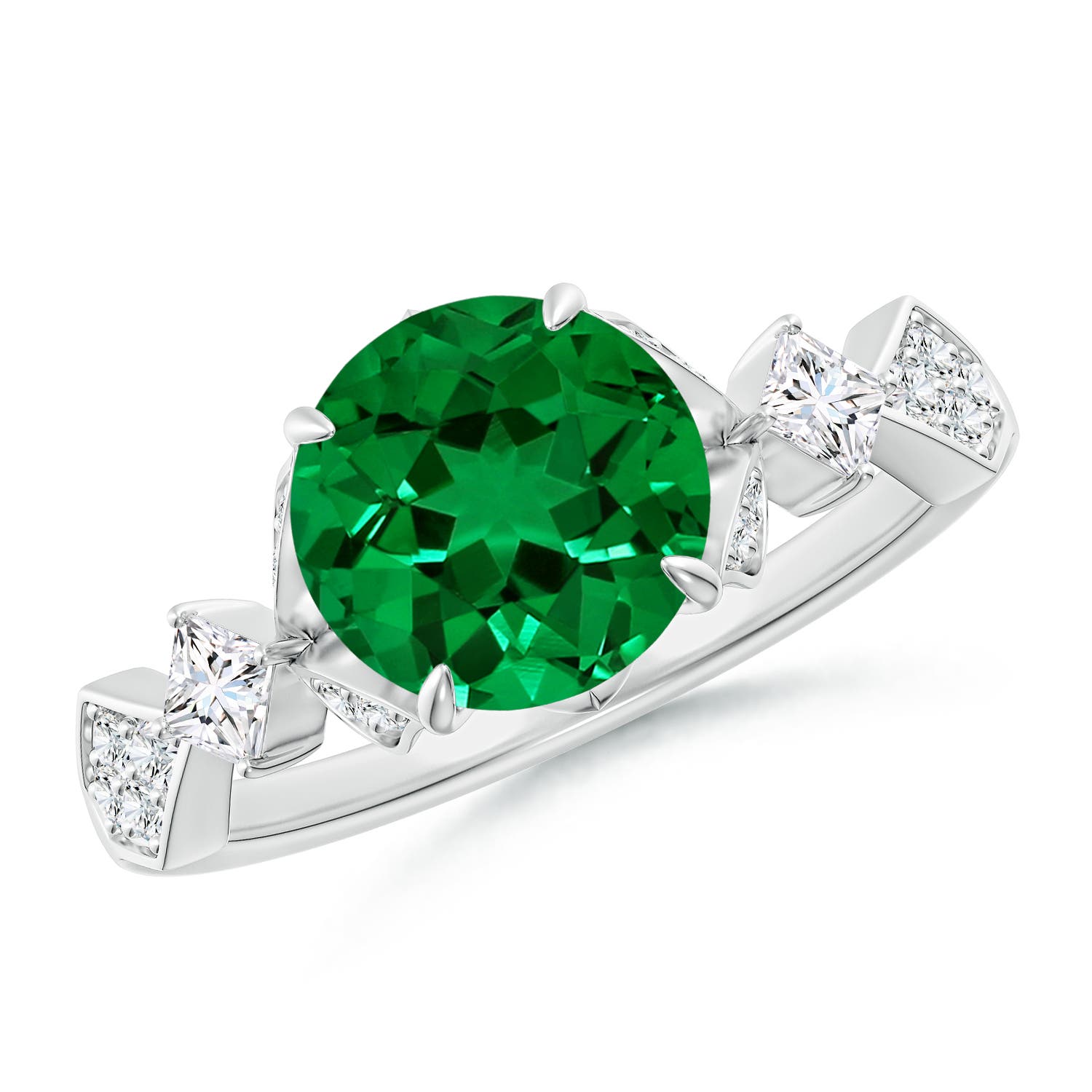 8mm Labgrown Lab-Grown Vintage Style Round Emerald Engagement Ring with Leaf Motifs in 18K White Gold