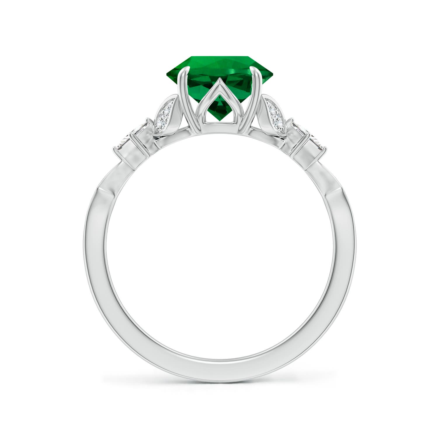 8mm Labgrown Lab-Grown Vintage Style Round Emerald Engagement Ring with Leaf Motifs in 18K White Gold