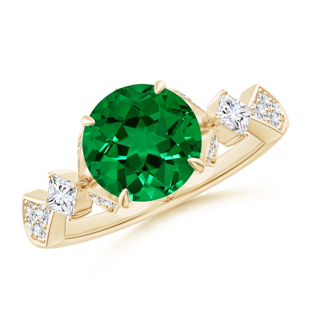 8mm Labgrown Lab-Grown Vintage Style Round Emerald Engagement Ring with Leaf Motifs in 18K Yellow Gold