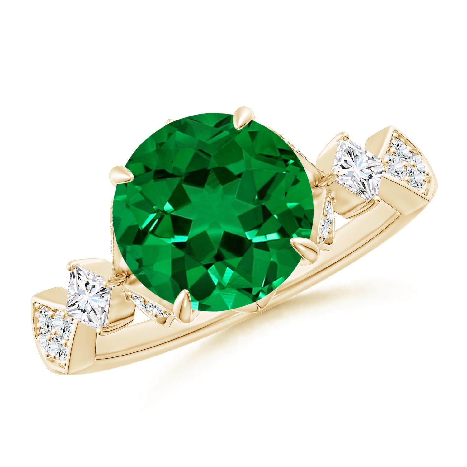 9mm Labgrown Lab-Grown Vintage Style Round Emerald Engagement Ring with Leaf Motifs in 18K Yellow Gold