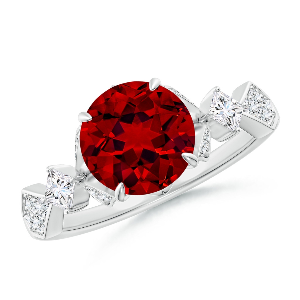 8mm Labgrown Lab-Grown Vintage Style Round Ruby Engagement Ring with Leaf Motifs in White Gold