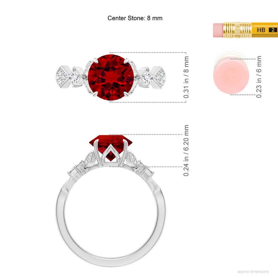 8mm Labgrown Lab-Grown Vintage Style Round Ruby Engagement Ring with Leaf Motifs in White Gold ruler