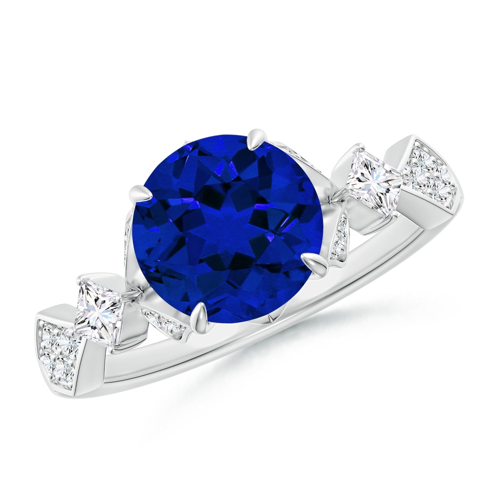 8mm Labgrown Lab-Grown Vintage Style Round Blue Sapphire Engagement Ring with Leaf Motifs in White Gold