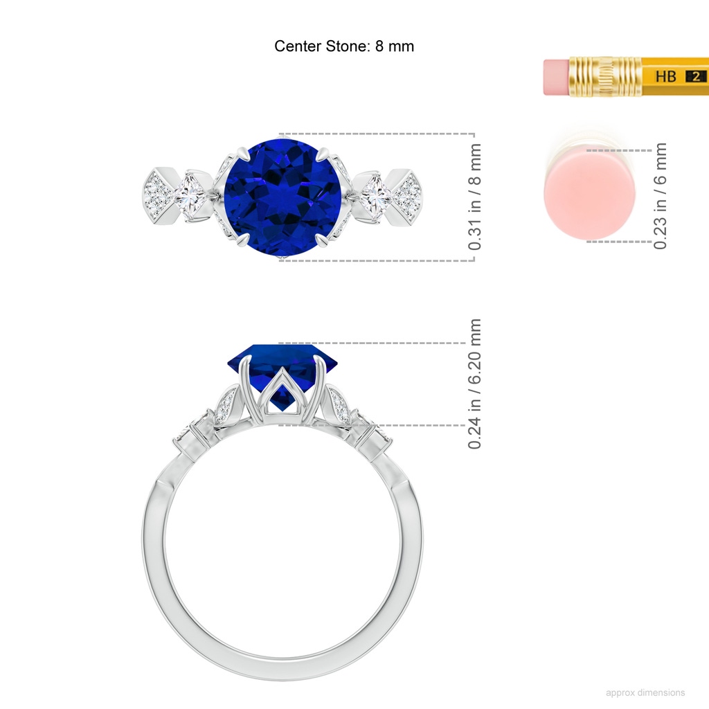 8mm Labgrown Lab-Grown Vintage Style Round Blue Sapphire Engagement Ring with Leaf Motifs in White Gold ruler