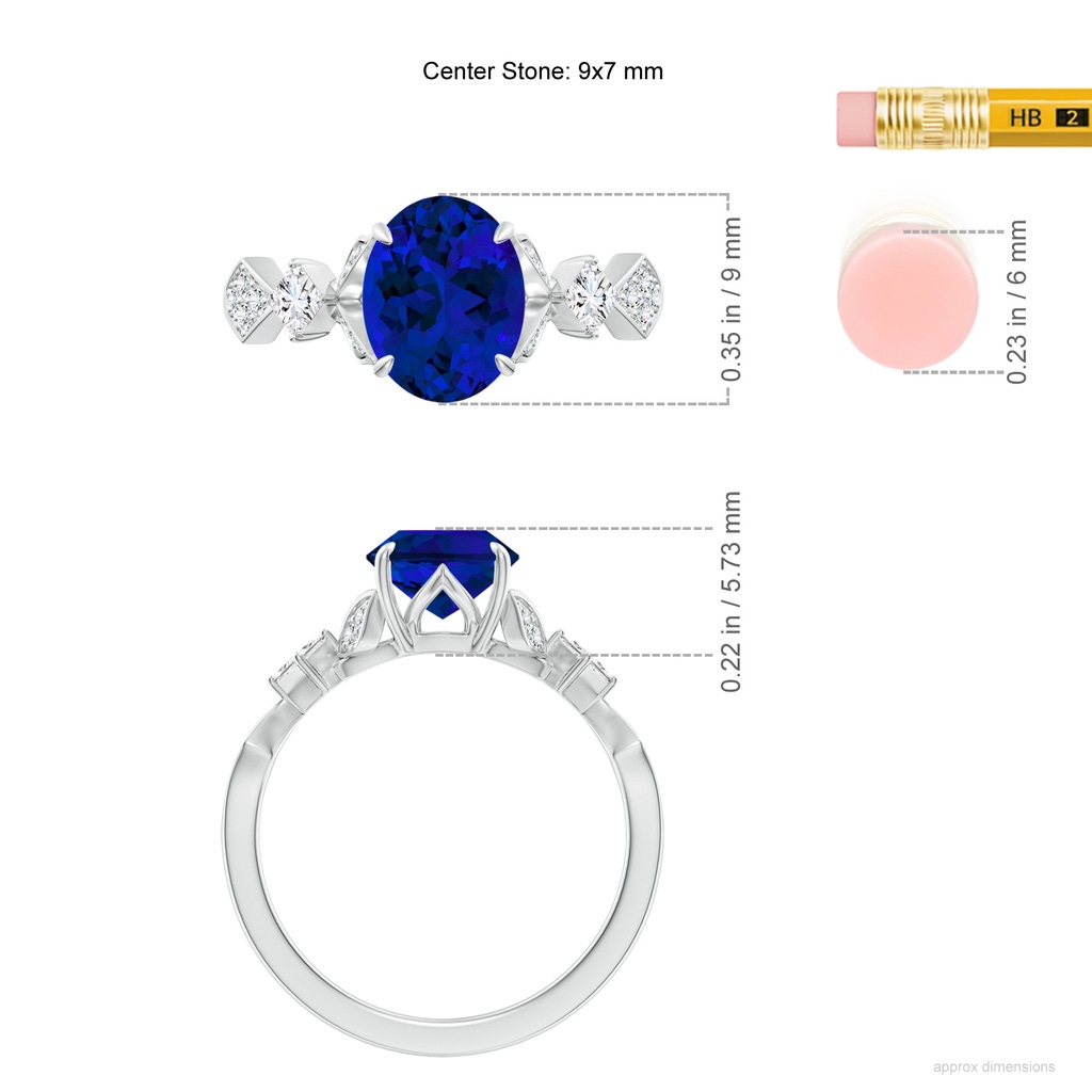 9x7mm Labgrown Lab-Grown Vintage Style Oval Blue Sapphire Engagement Ring with Leaf Motifs in White Gold ruler