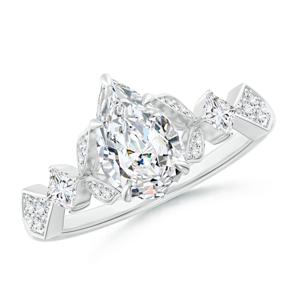 9.5x6mm FGVS Lab-Grown Vintage Style Pear Diamond Engagement Ring with Leaf Motifs in White Gold