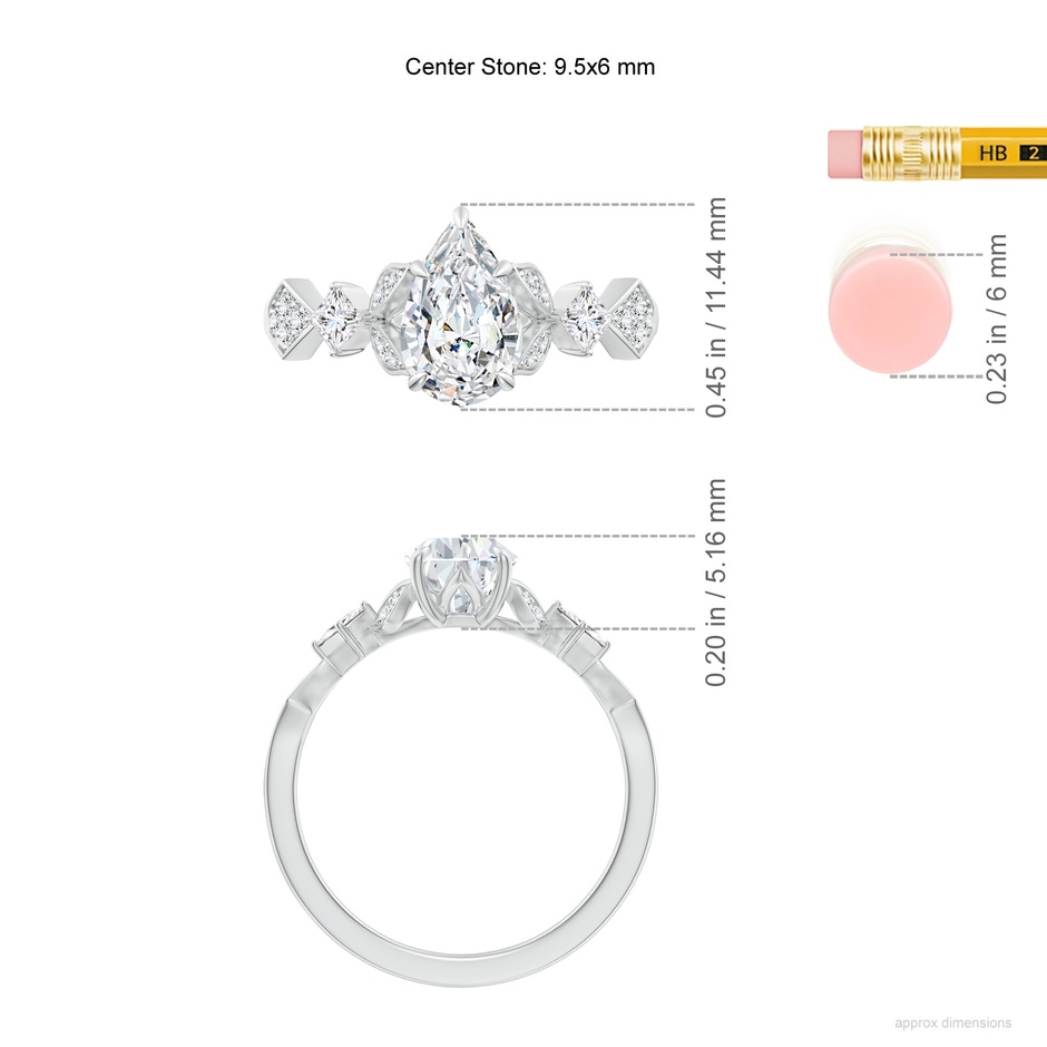 9.5x6mm FGVS Lab-Grown Vintage Style Pear Diamond Engagement Ring with Leaf Motifs in White Gold ruler