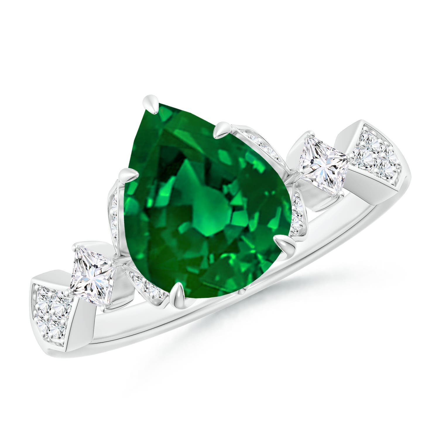 10x8mm Labgrown Lab-Grown Vintage Style Pear Emerald Engagement Ring with Leaf Motifs in 18CT White Gold