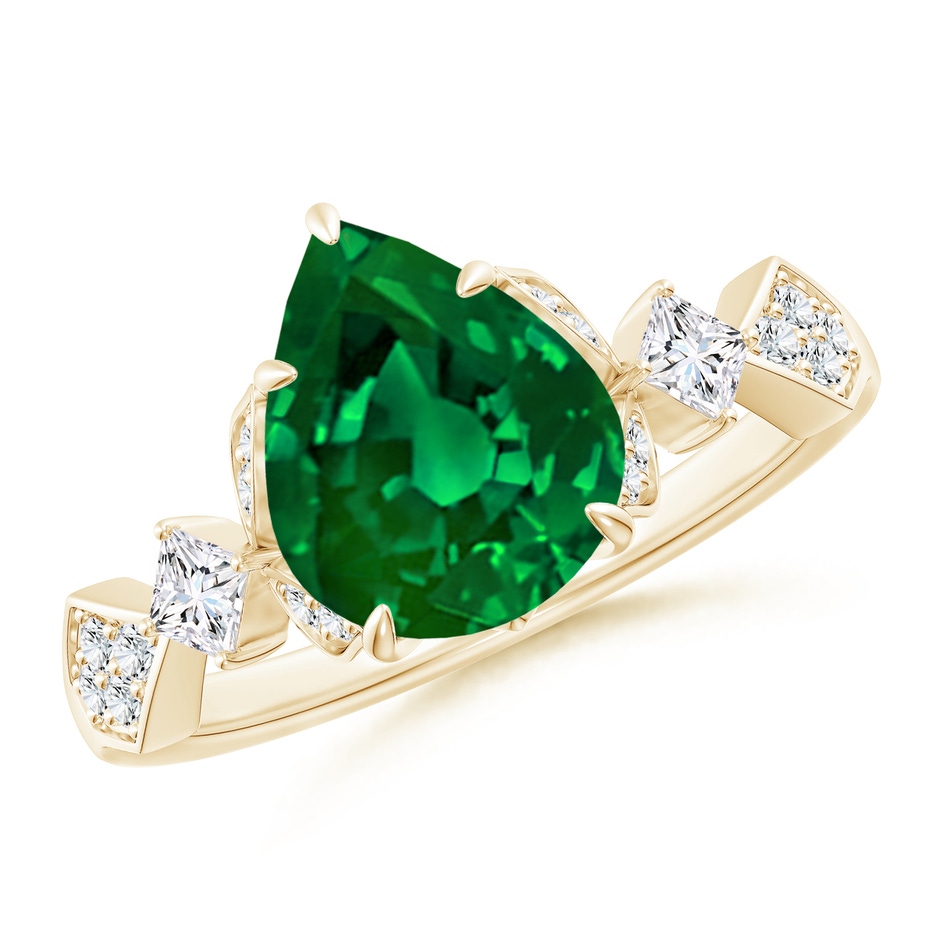 10x8mm Labgrown Lab-Grown Vintage Style Pear Emerald Engagement Ring with Leaf Motifs in Yellow Gold 