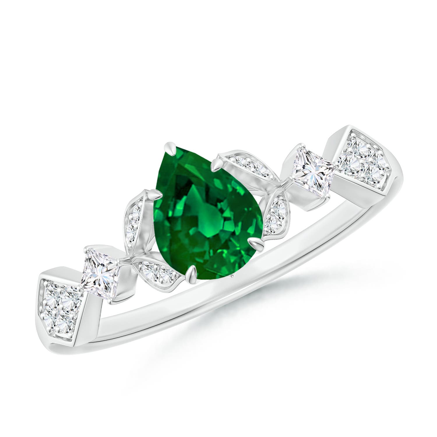7x5mm Labgrown Lab-Grown Vintage Style Pear Emerald Engagement Ring with Leaf Motifs in 18K White Gold