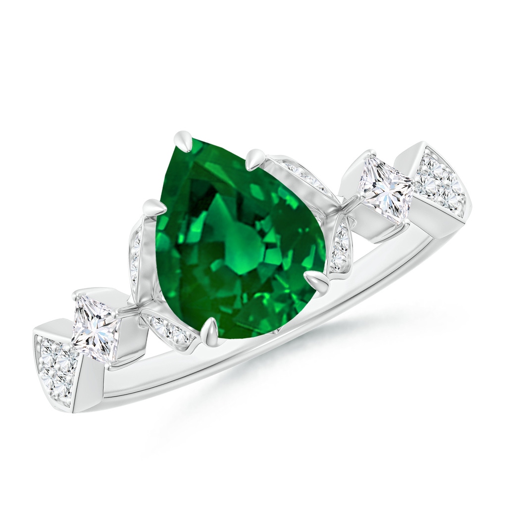 9x7mm Labgrown Lab-Grown Vintage Style Pear Emerald Engagement Ring with Leaf Motifs in 18K White Gold
