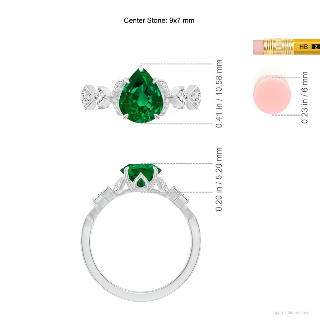 9x7mm Labgrown Lab-Grown Vintage Style Pear Emerald Engagement Ring with Leaf Motifs in White Gold ruler