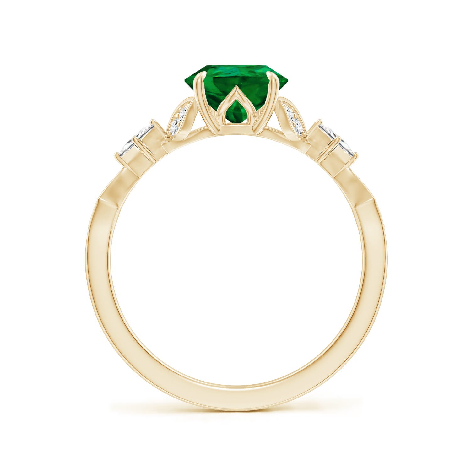 9x7mm Labgrown Lab-Grown Vintage Style Pear Emerald Engagement Ring with Leaf Motifs in Yellow Gold