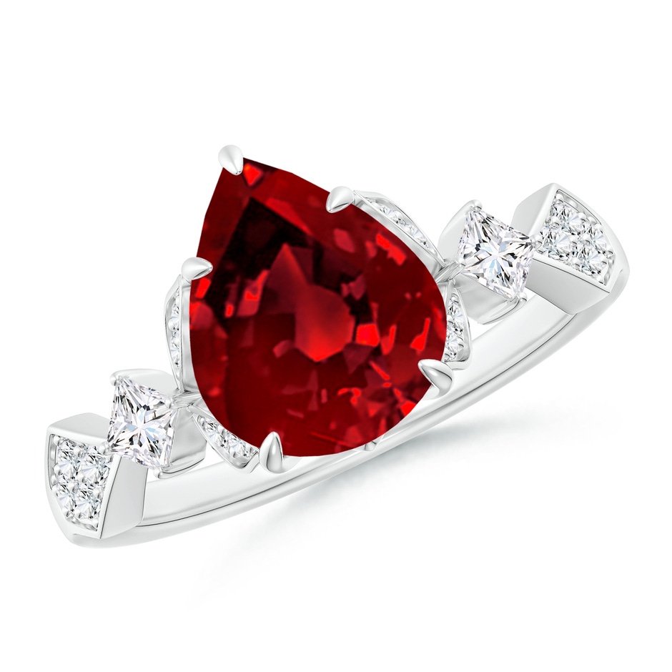 10x8mm Labgrown Lab-Grown Vintage Style Pear Ruby Engagement Ring with Leaf Motifs in White Gold 