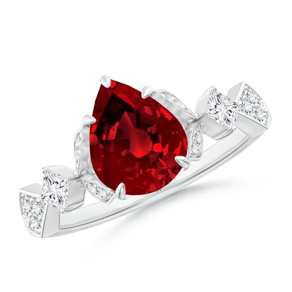 9x7mm Labgrown Lab-Grown Vintage Style Pear Ruby Engagement Ring with Leaf Motifs in White Gold
