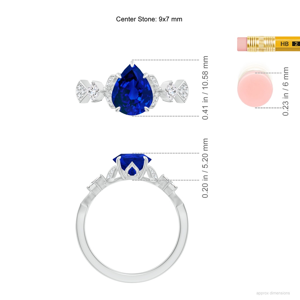 9x7mm Labgrown Lab-Grown Vintage Style Pear Blue Sapphire Engagement Ring with Leaf Motifs in White Gold ruler