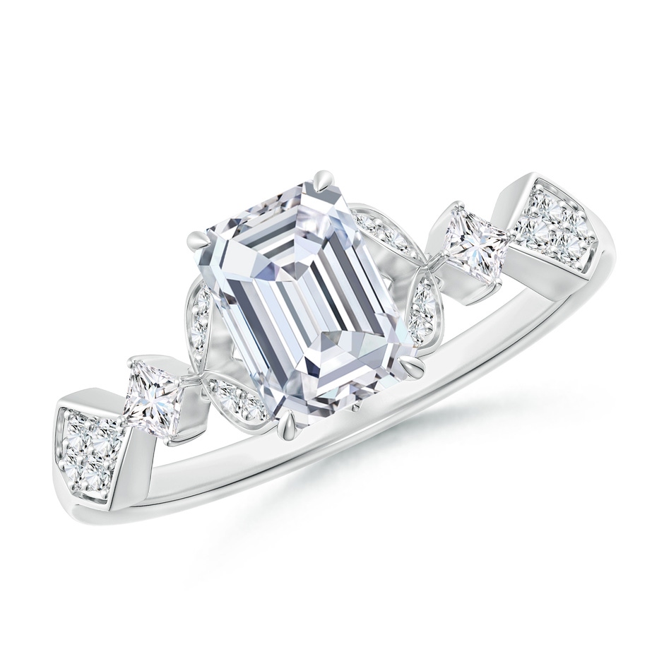 7x5mm FGVS Lab-Grown Vintage Style Emerald-Cut Diamond Engagement Ring with Leaf Motifs in 18K White Gold 