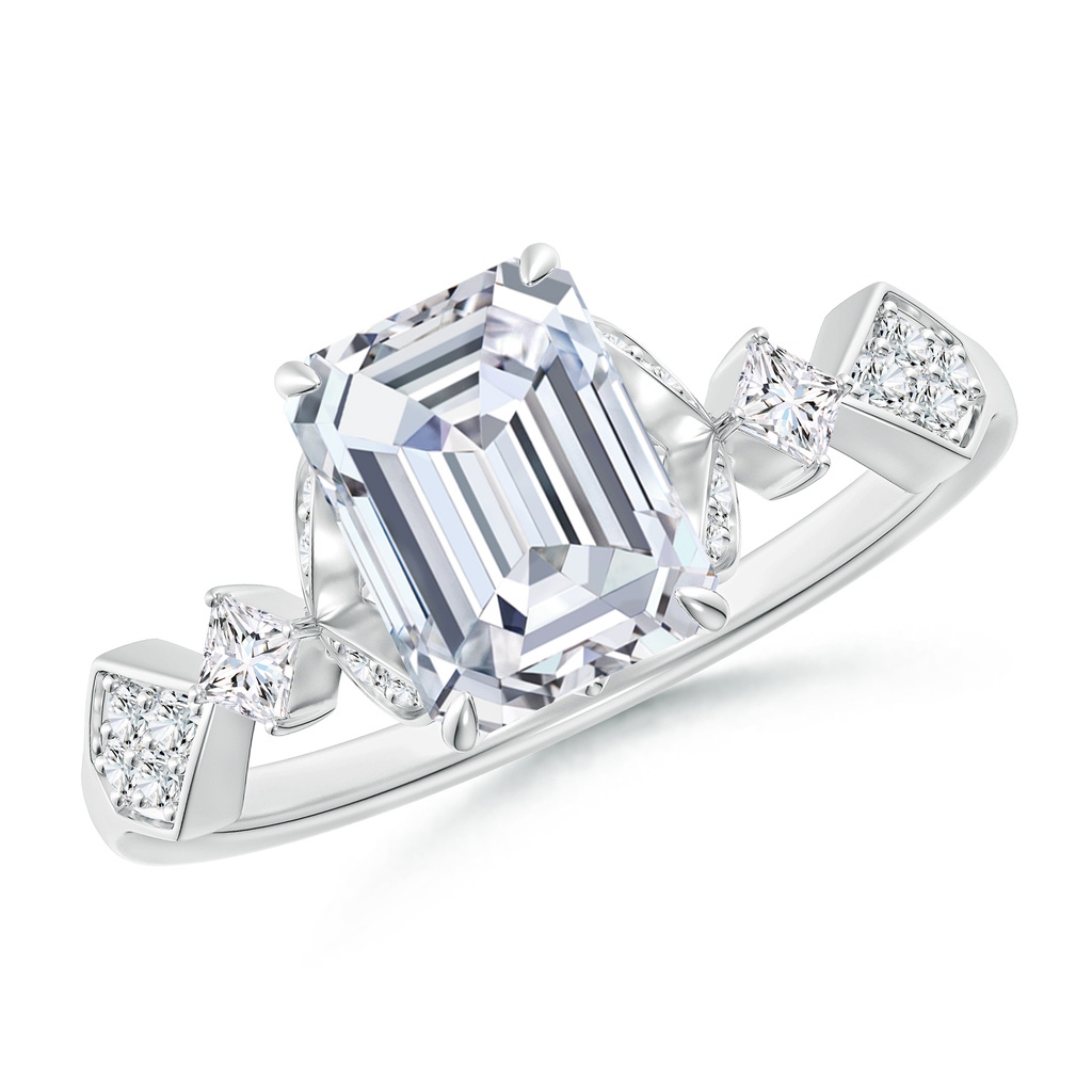 8x6mm FGVS Lab-Grown Vintage Style Emerald-Cut Diamond Engagement Ring with Leaf Motifs in White Gold