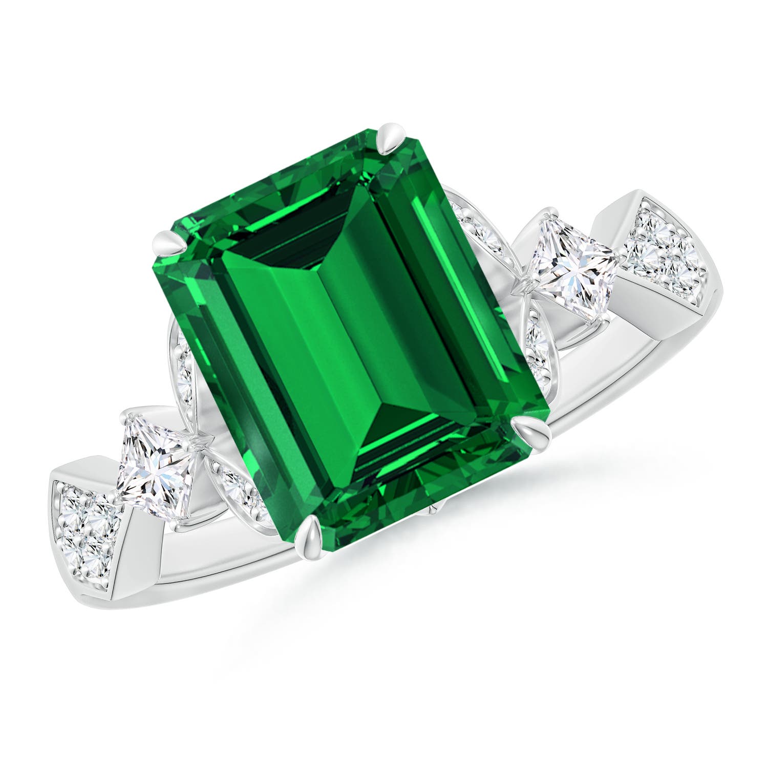10x8mm Labgrown Lab-Grown Vintage Style Emerald-Cut Emerald Engagement Ring with Leaf Motifs in 18K White Gold