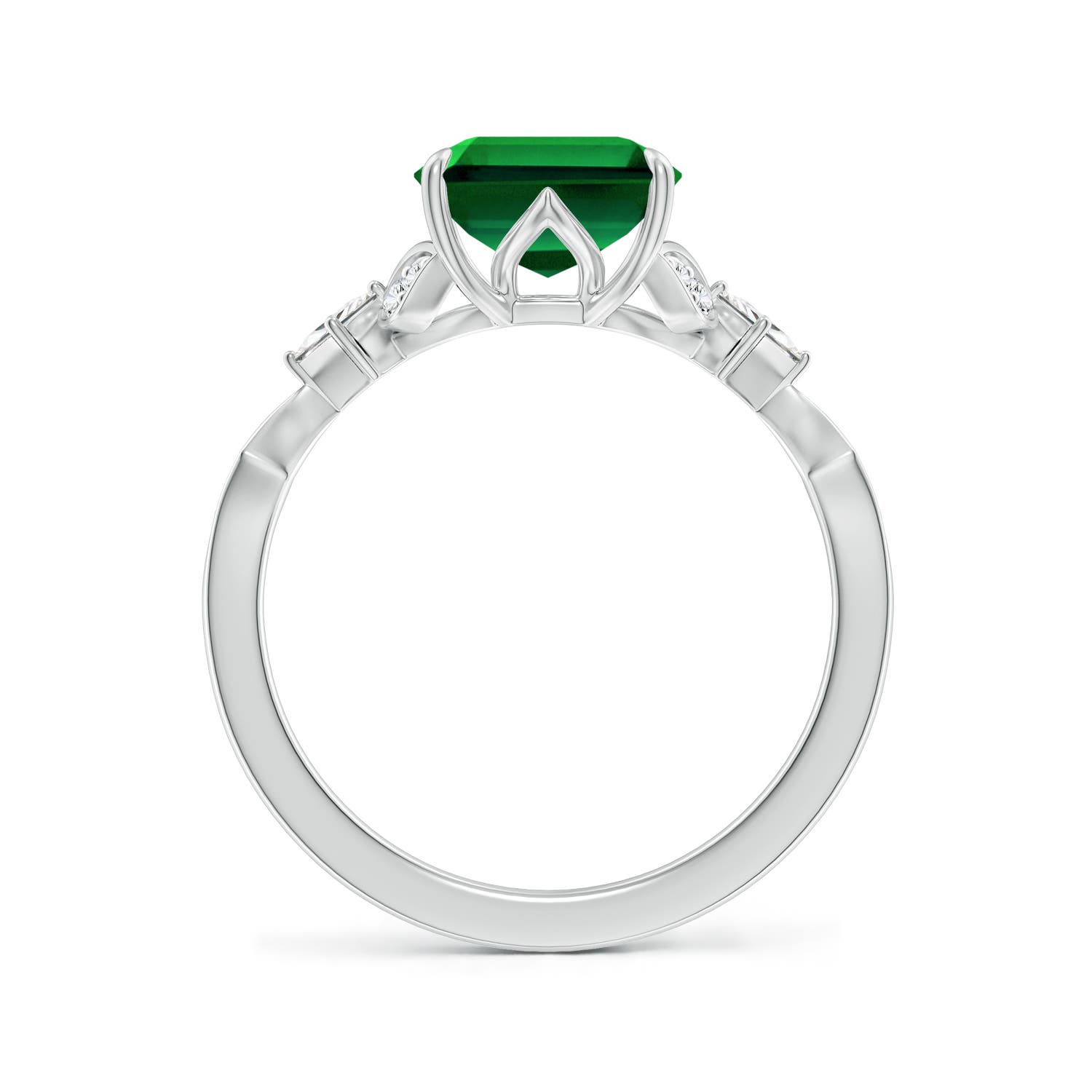 10x8mm Labgrown Lab-Grown Vintage Style Emerald-Cut Emerald Engagement Ring with Leaf Motifs in 18K White Gold