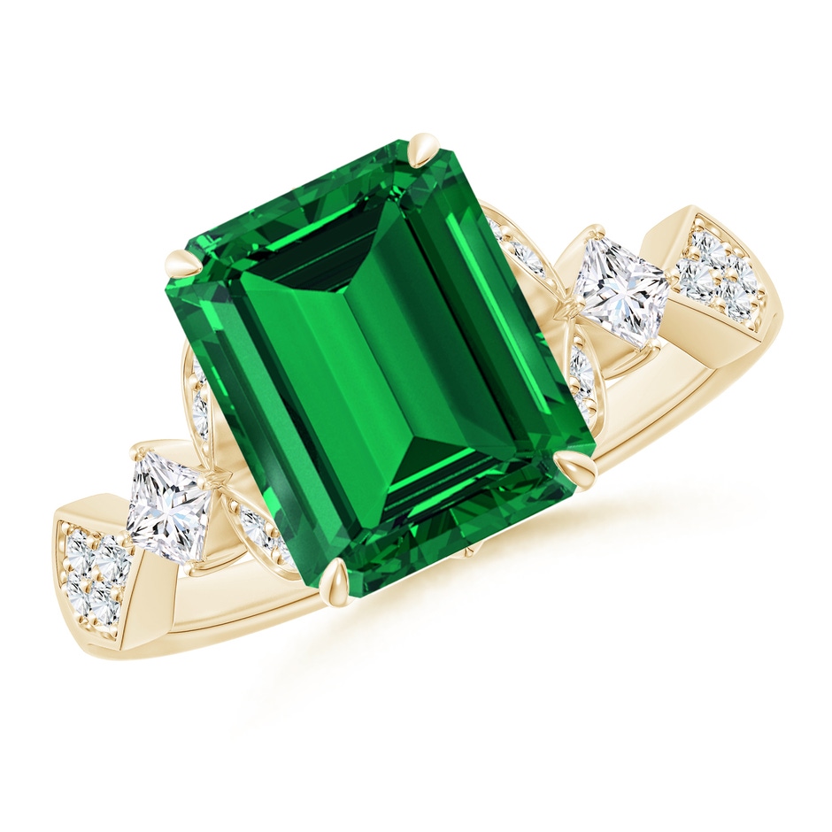 10x8mm Labgrown Lab-Grown Vintage Style Emerald-Cut Emerald Engagement Ring with Leaf Motifs in 18K Yellow Gold 