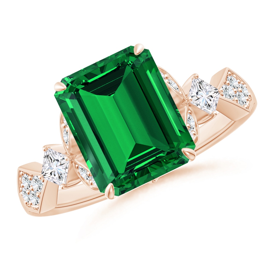 10x8mm Labgrown Lab-Grown Vintage Style Emerald-Cut Emerald Engagement Ring with Leaf Motifs in Rose Gold 
