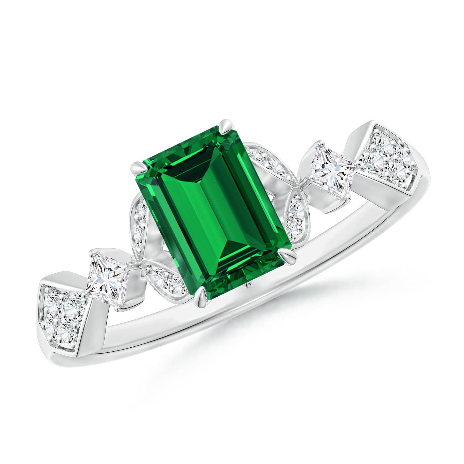 7x5mm Labgrown Lab-Grown Vintage Style Emerald-Cut Emerald Engagement Ring with Leaf Motifs in 18CT White Gold
